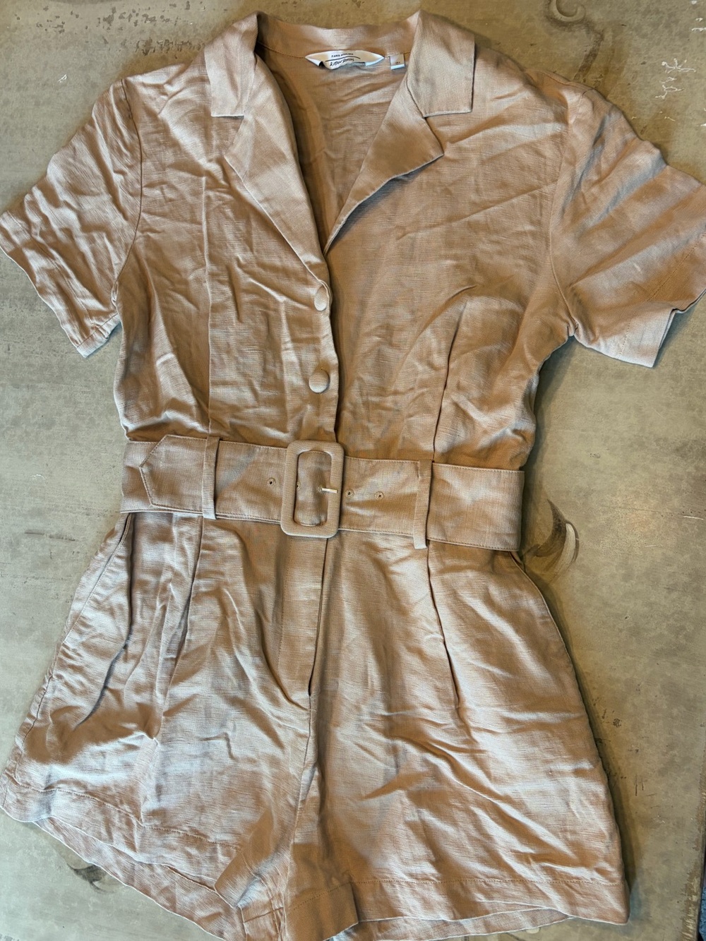 Belted Short-Sleeve Romper Jacket in Beige